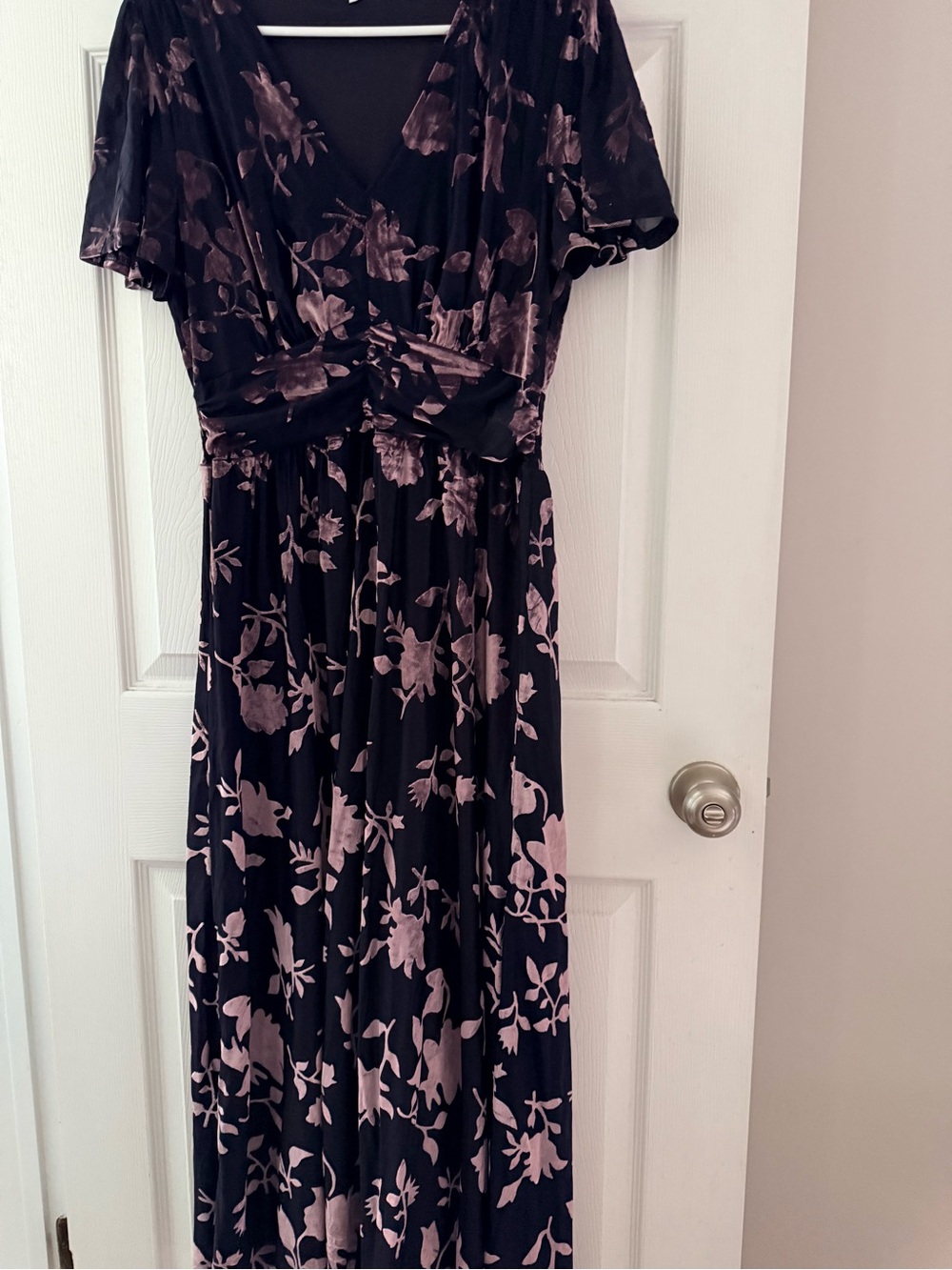 Purple and Velvet Floral Pattern Maxi Dress
